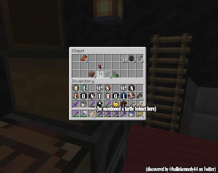 A screenshot from Ranboo's stream. It shows his inventory open as he stands in his house at Techno's place. Reading the items in his inventory from left to right: a haybale, an emerald, space, iron ingot, saddle, space, iron ingot, netherrack, cookie, obsidian, netherrack, space (but the mention of a turtle helmet here), red dye, obsidian, lapis block. Discovery attributed to @halliekennedy44 on Twitter.
